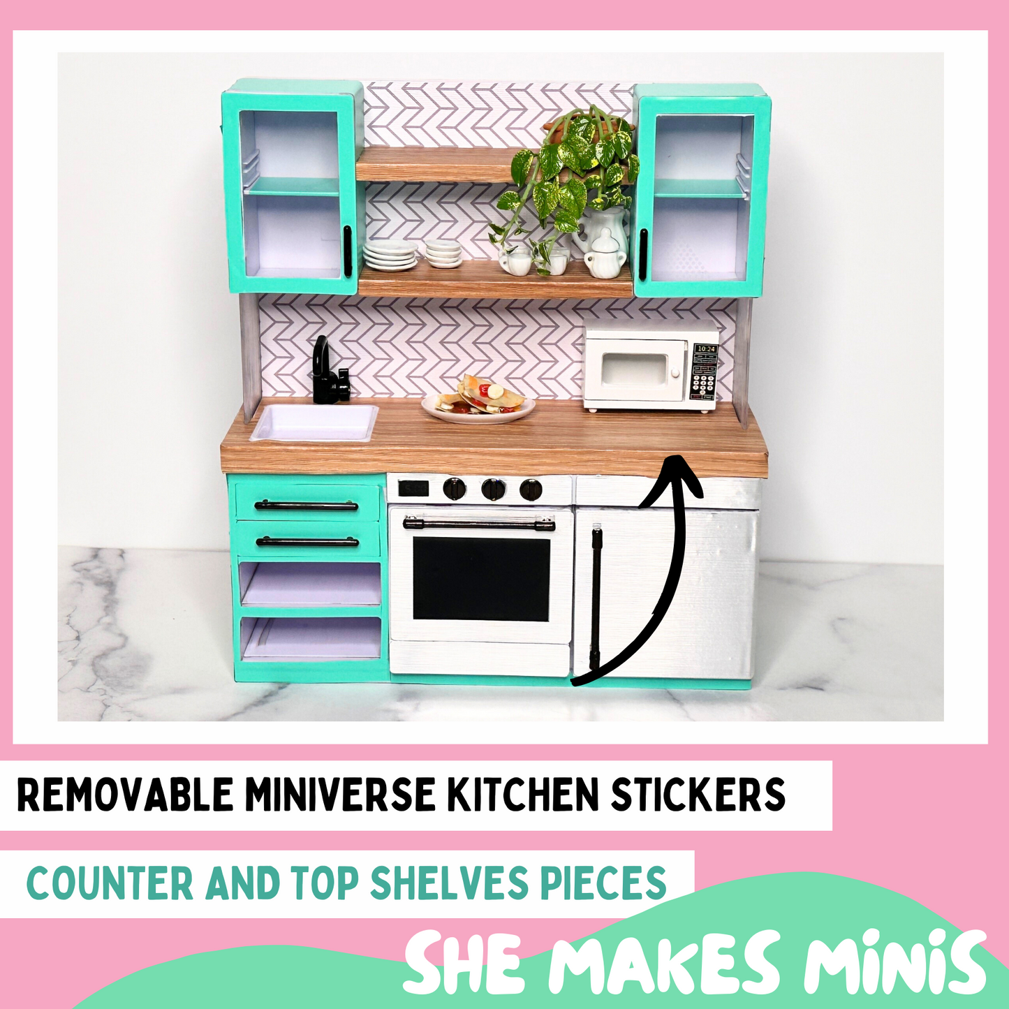 Mini Kitchen Removable Vinyl Stickers (THE COUNTER AND TOP SHELVES ONLY)